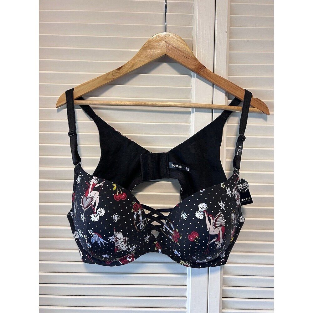 Torrid Bra Black Pin-up Girl XO Boost Plunge Underwire Adjustable NWT Size 42C